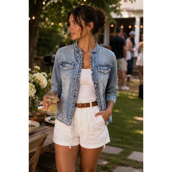 Chico's Jackets & Blazers - Chico's Platinum Ruffle Denim Jacket Rhinestone Light Wash Size 2 Large